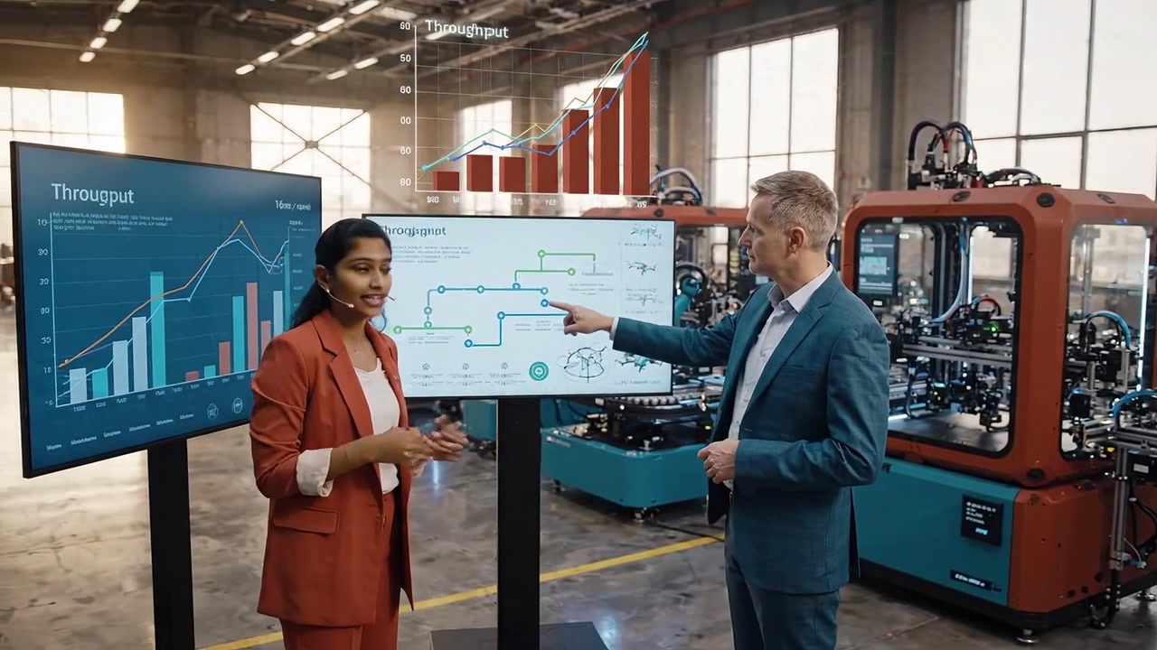 Modern Factory with Robotic Automation and Digital Throughput Analytics