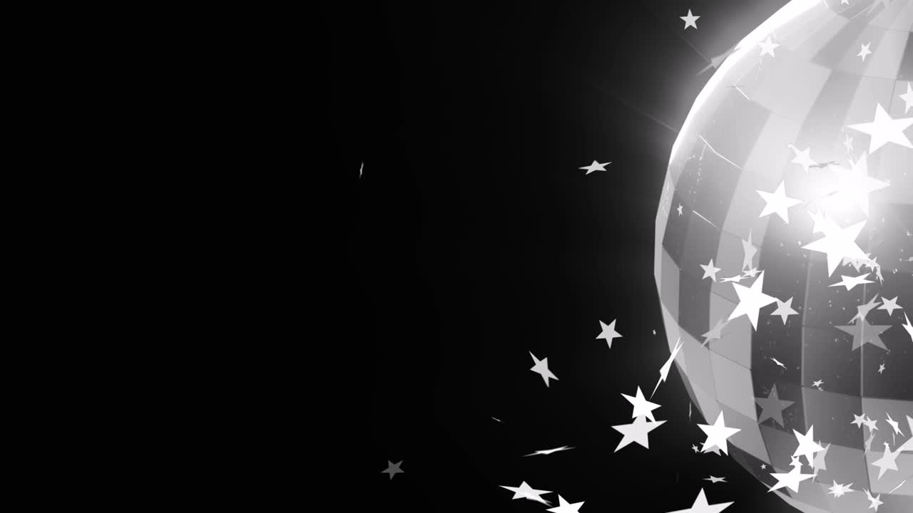 검은 바탕에  ⁇ 색 크리스마스 별과 회전하는 거울 공의 애니메이션