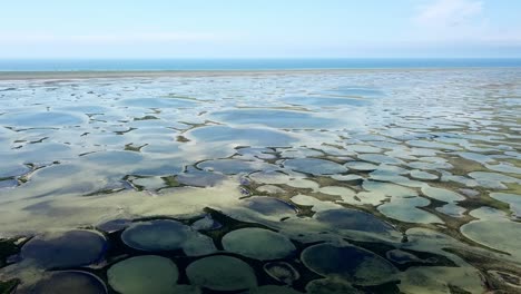 aerial view of round lakes near the sea