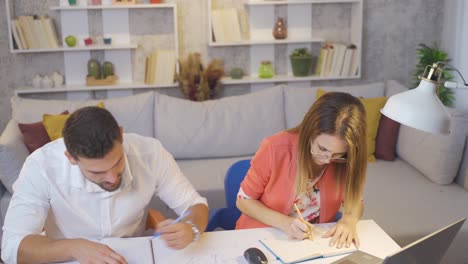 una pareja de arquitectos que trabajan en una oficina en casa preparan y discuten un proyecto de dibujo.