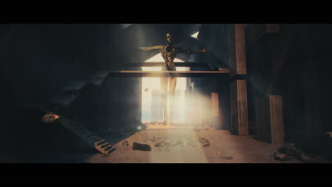 floating figure in a desolate city