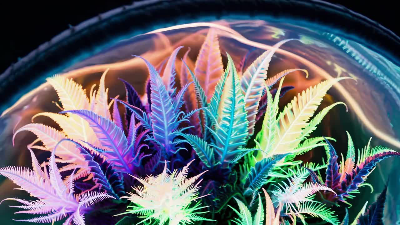 네온 빛 아래 반이는 다채로운 식물