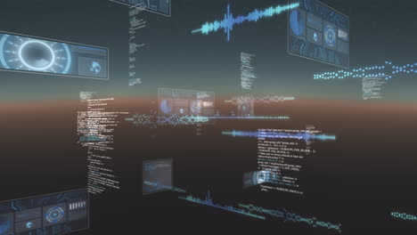 Animation of data processing and scopes scanning on screen over glowing horizon
