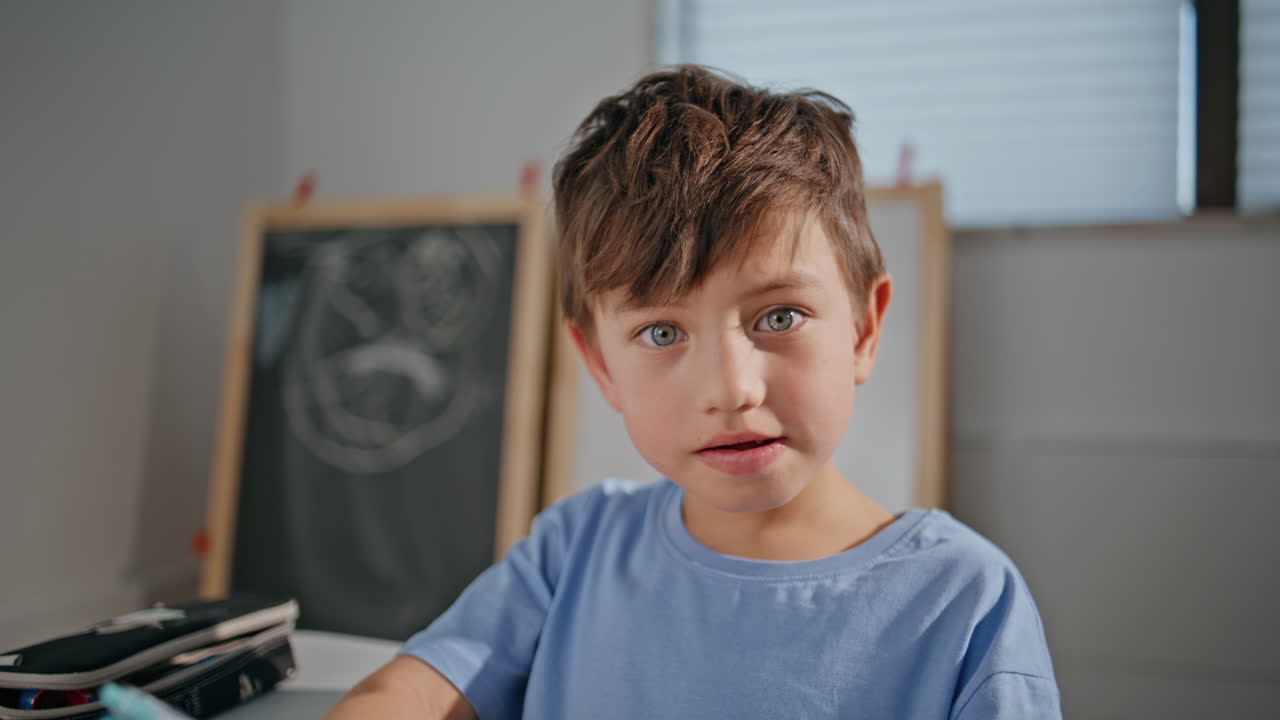 Little boy sitting lesson thinking classroom portrait. Small kid looking camera