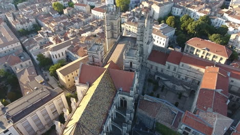 Aerial-drone-shot-of-Montpellier-cathedral-during-sunrise.