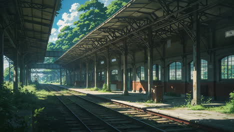 abandoned train station with overgrown tracks and greenery
