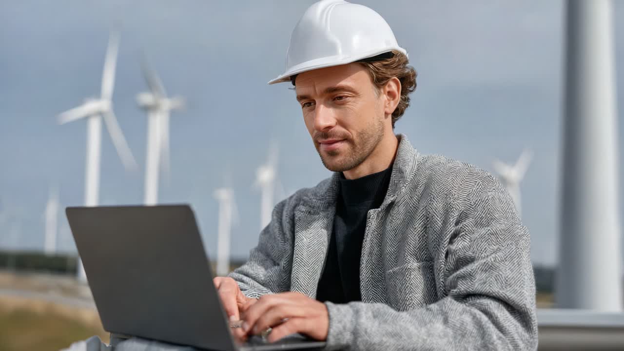 A Focused Professional in Safety Gear Working on a Laptop Amidst Wind Turbines, Emphasizing Sustainable Energy Innovation and Remote Collaboration