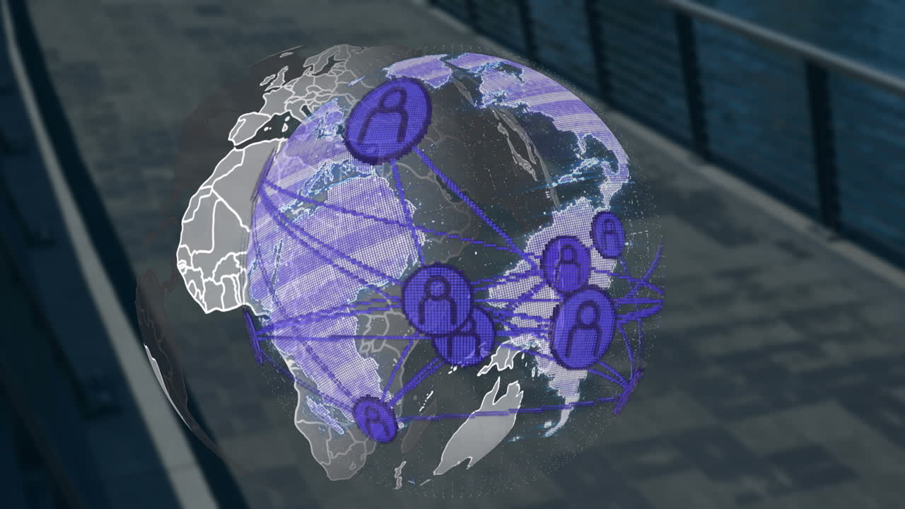 animación de iconos de medios sobre el globo y el puente.