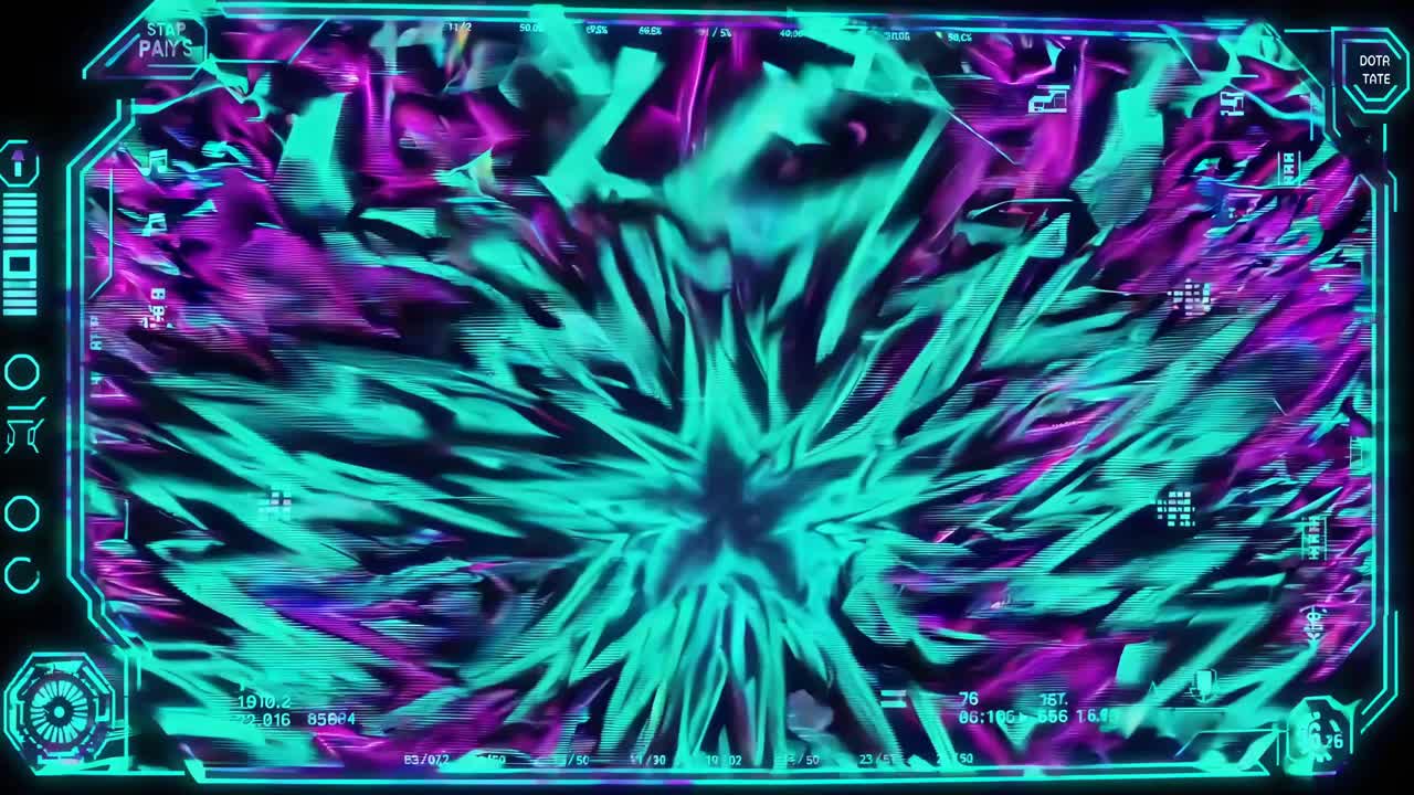 Interfaccia video futuristica con linee neon viola e verde acqua, vista da una prospettiva in prima persona