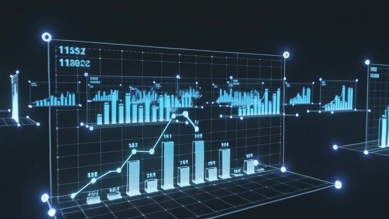 Shifting holo data cluster assembling into front chart in dark void, showing bar and line graphs