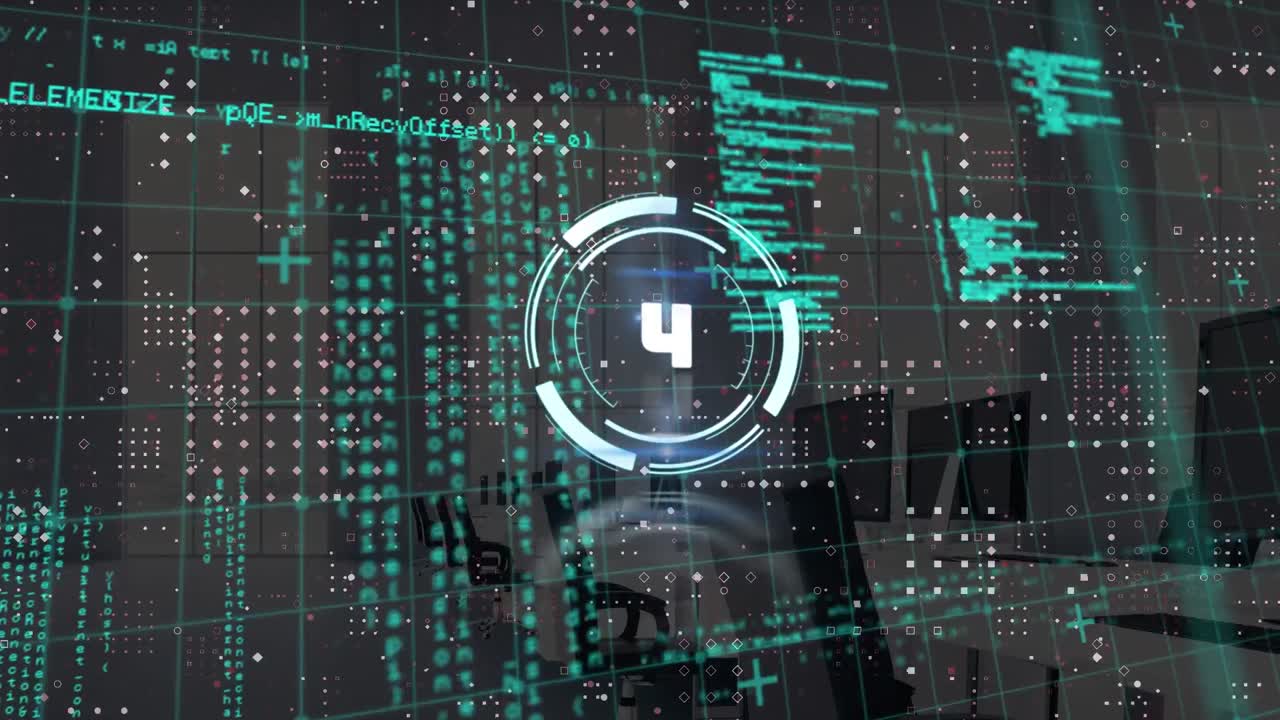 animación del procesamiento de datos y cuenta atrás en la oficina