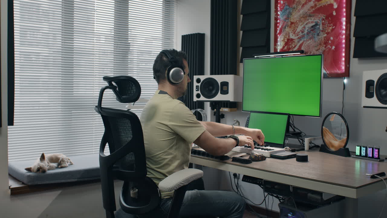 Man in headphones, working at a desk in a modern music studio with a dog resting nearby, green screen