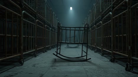 An Eerie Display of Abandoned Cribs in a Dimly Lit Space, Casting Shadows that Evoke a Sense of Nostalgia and Mystery in an Unsettling Atmosphere