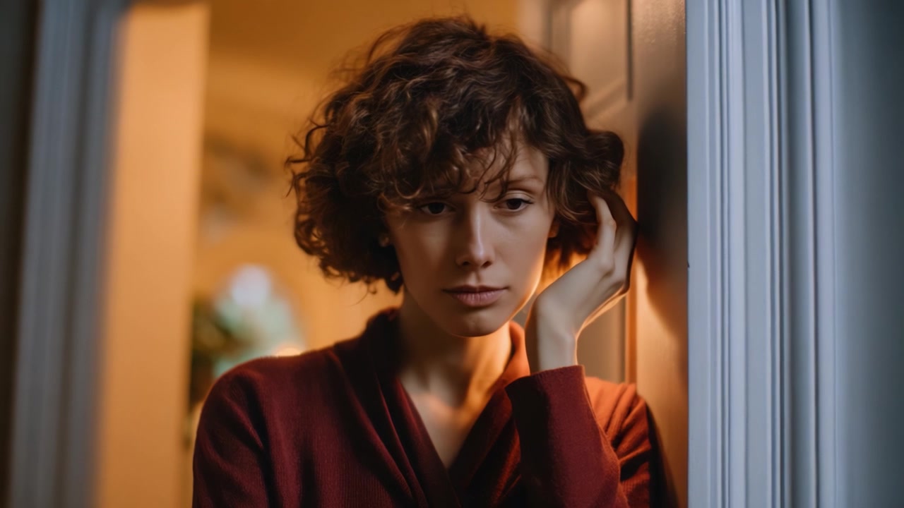 A woman stands thoughtfully by a door, expressing introspection and contemplation, in a warm-lit setting that evokes a deep sense of reflection and emotion.