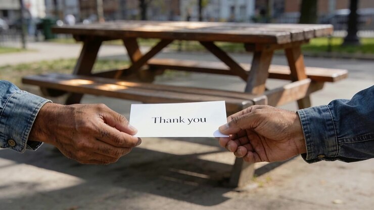 Handing right-hand initiating handoff, hands in denim taking white thank you card at park, thanking