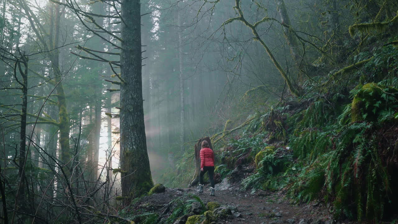 Girl hiking though misty alpine forest trail in Washington State