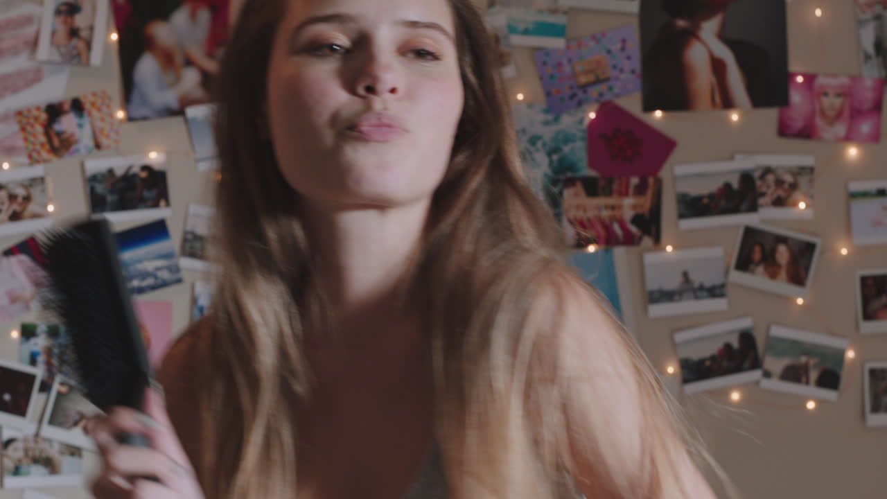 행복한 십대 소녀가 침실에서 음악에 맞춰 춤을 추고 주말을 축하하고 재미있게 노래하며 집에서 파자마를 입고