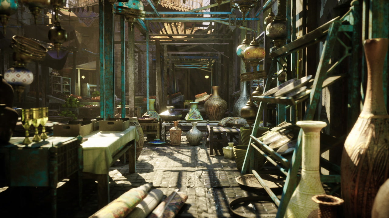 Sunlit alleyway showcasing lively vendor stalls and bright decor