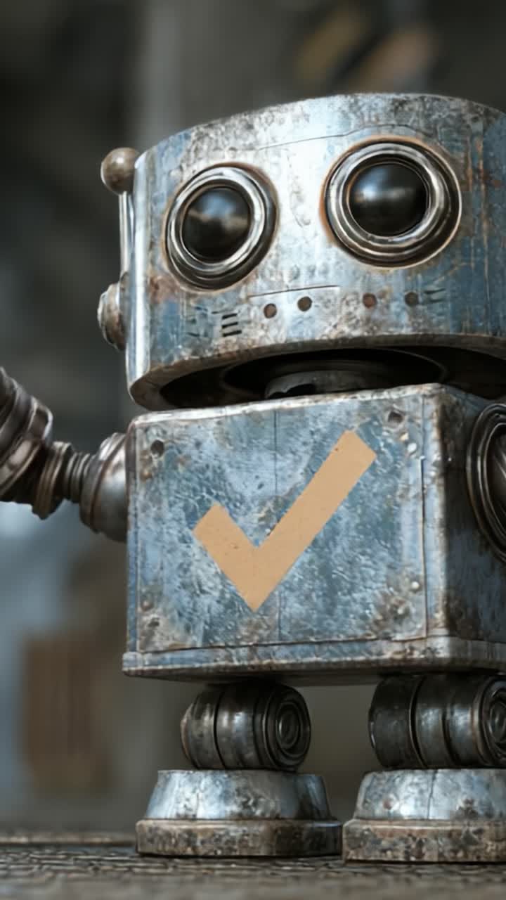 A Charming Vintage Robot with a Friendly Check Mark on Its Chest Captivates with Its Playful Design, Bringing a Touch of Whimsy to Tech and Nostalgia