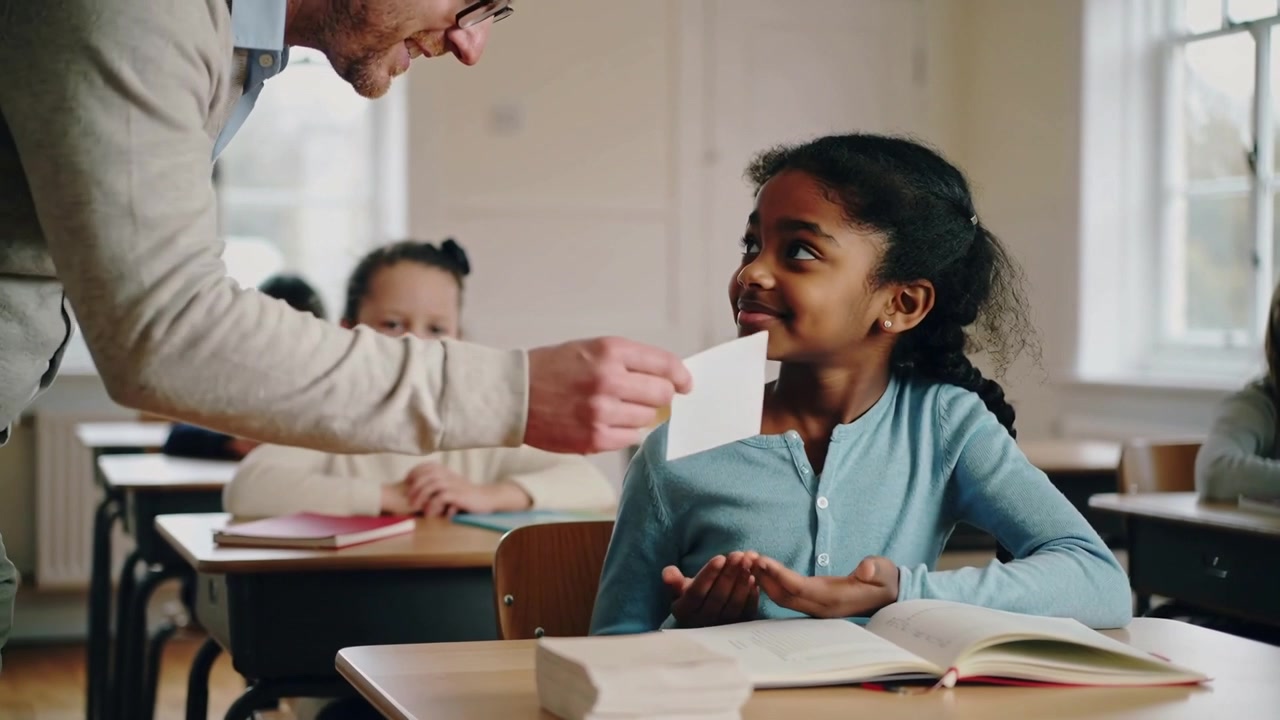 Placing cards at desk, teacher lifting, handing card to girl in light blue top for reading