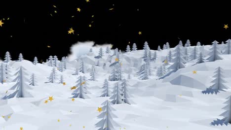 Animation-Von-Sternen,-Die-über-Weihnachtsbäume-In-Einer-Winterlandschaft-Fallen