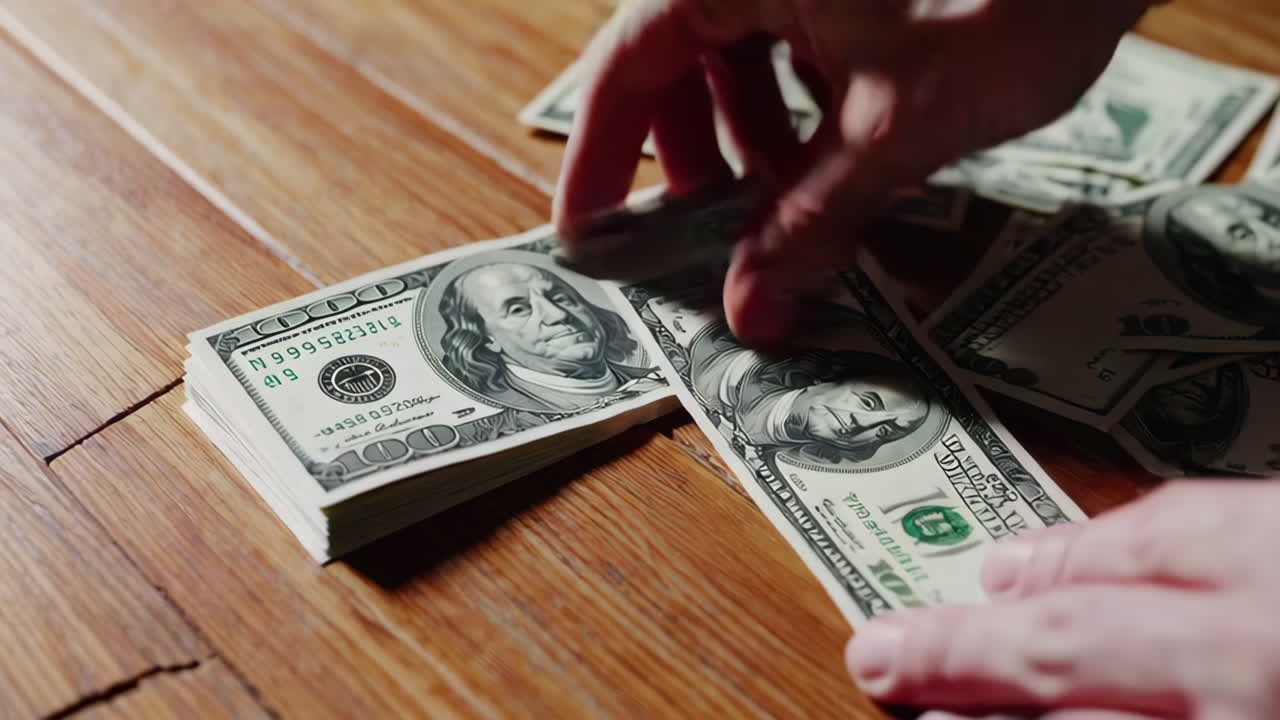 Hand picking up money on a wooden table