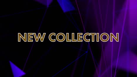 animation of new collection in white and gold text with purple shapes floating on black background