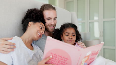 happy family, bed or child reading storybook