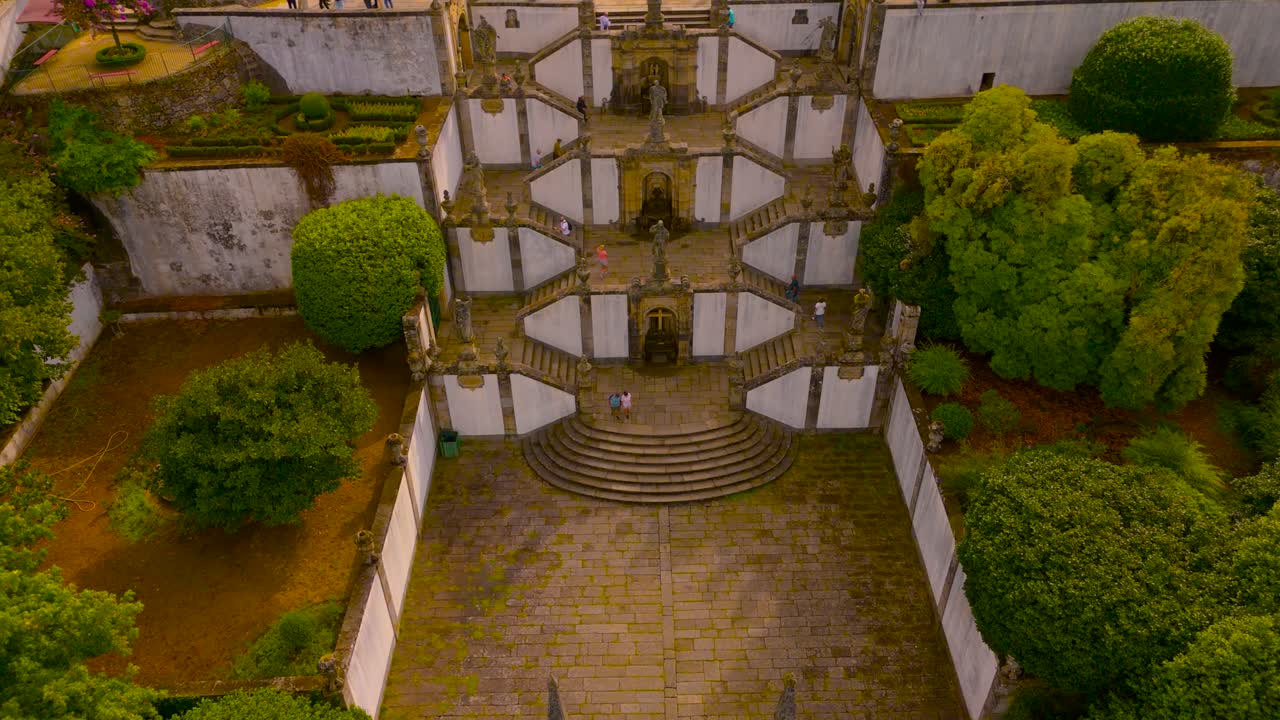 Aerial view of Bom Jesus do Monte in Braga, Portugal, serene staircase setting