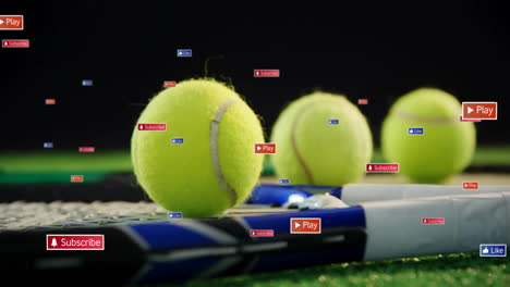 tennis ball floating over racket resting on green court while social icons rotating in flat design