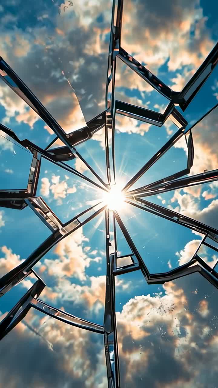 Vertical video: Shining radial glass casting sun on metal ribs and dew to sky while camera rotating