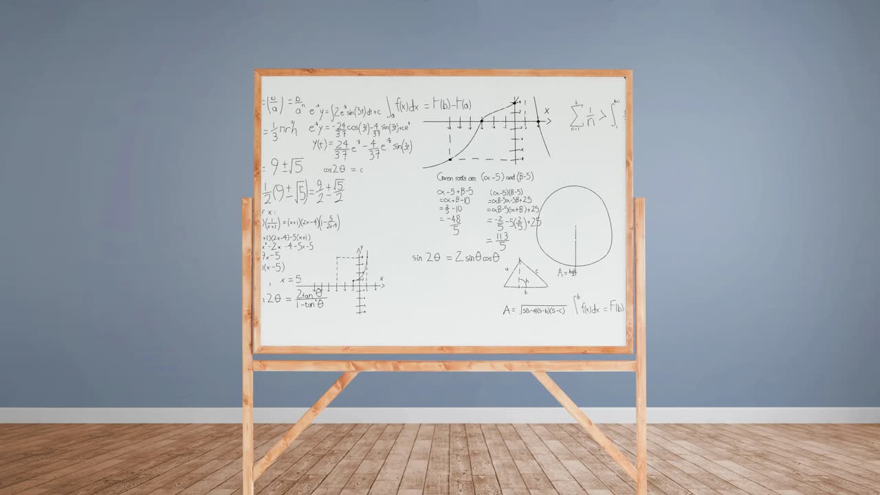 Mathematical equations and figures in a whiteboard