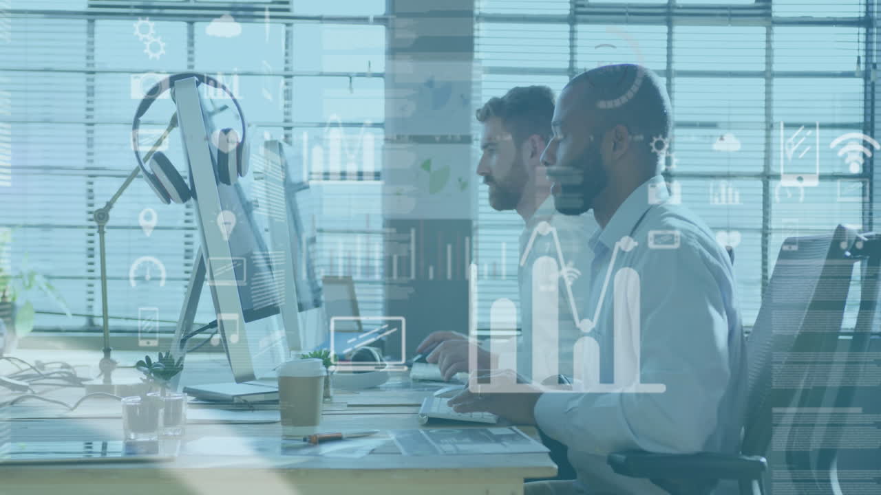 Animation of multiple graphs, icons and trading board, diverse coworkers using desktop in office