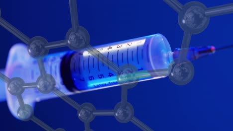 animation of molecule structures over syringe on blue background