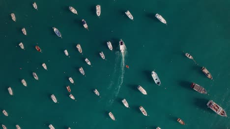 Vista-Aérea-De-Arriba-Hacia-Abajo-De-Un-Barco-A-Motor-Alrededor-De-Barcos-Quietos-En-Calabria,-Italia