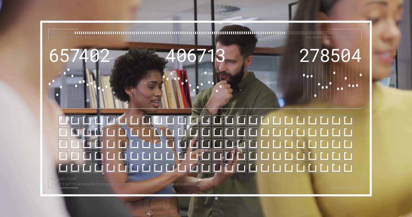 Tablet-holding coworker initiating business data review in office displaying digital metrics grid
