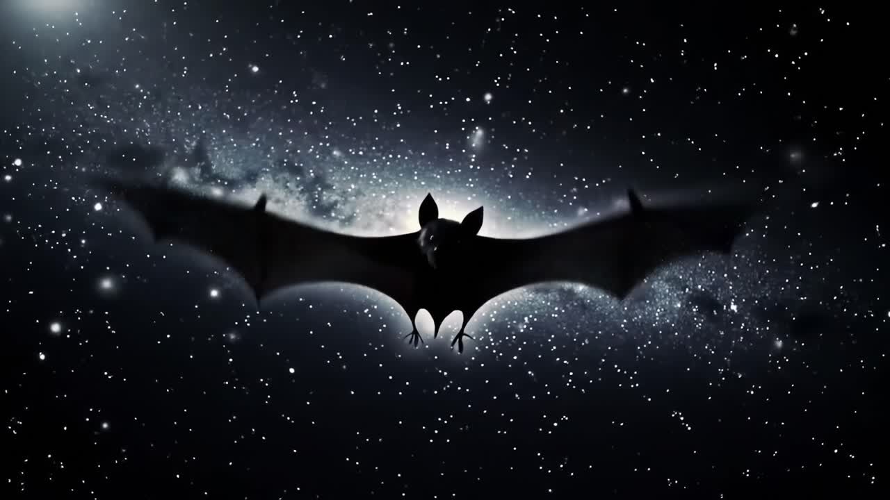 Un misterioso pipistrello vola attraverso un cosmo stellato, illuminato in modo spettacolare dalla luce cosmica e avvolto nell'enigmatica oscurità dello spazio