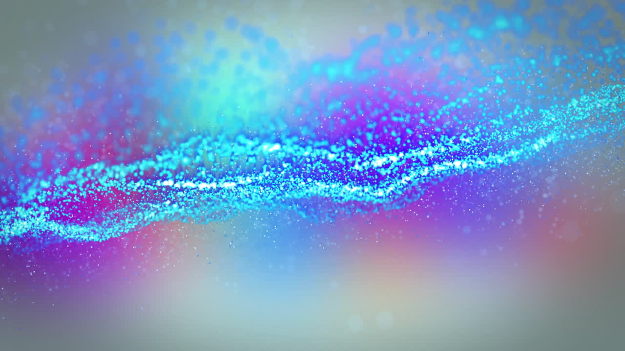 Cyan-blue particle wave flowing across frame in flat design, with drifting purple magenta dots