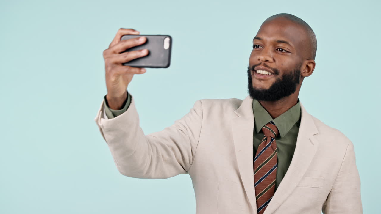 Business man, selfie and studio for peace sign