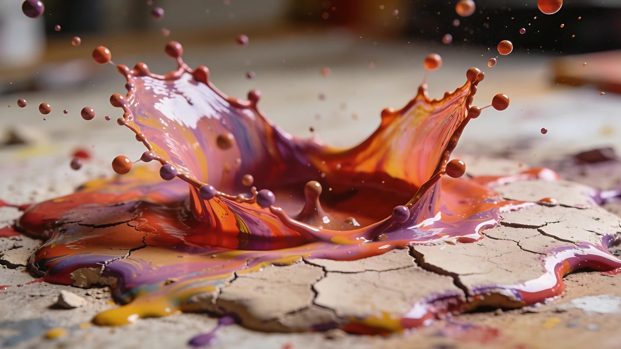 Goccia di vernice colorata che impatta, formando una corona lucida su un disco di argilla incrinato su un banco da lavoro, a scopo di studio.