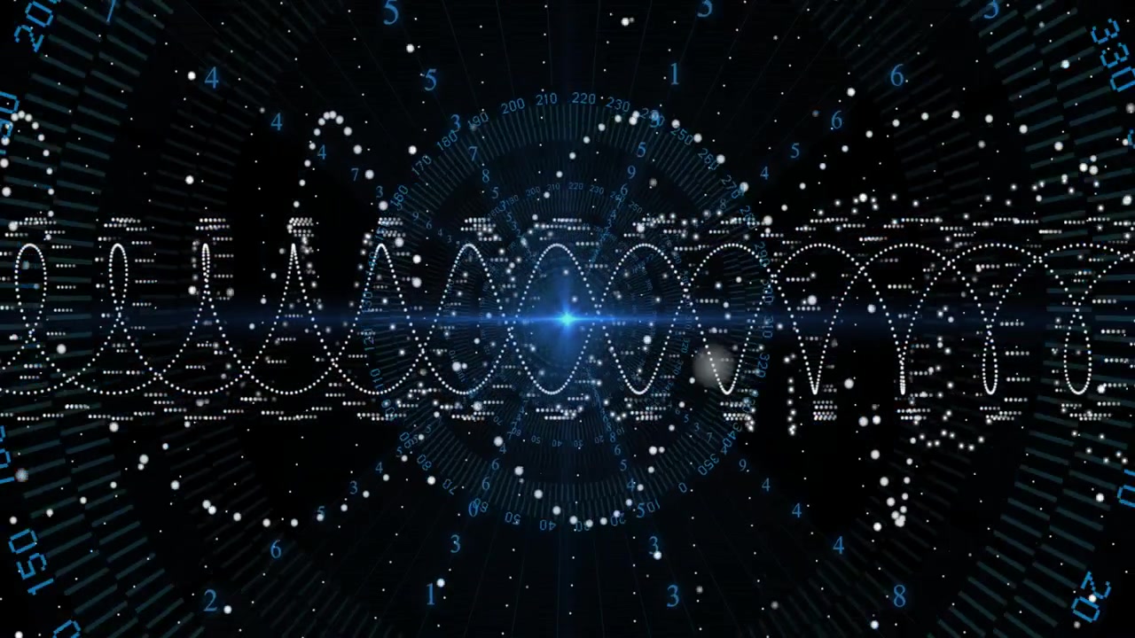 Flare pulsing, dotted waveform waving while digit ring rotating, specks drifting, showing live data