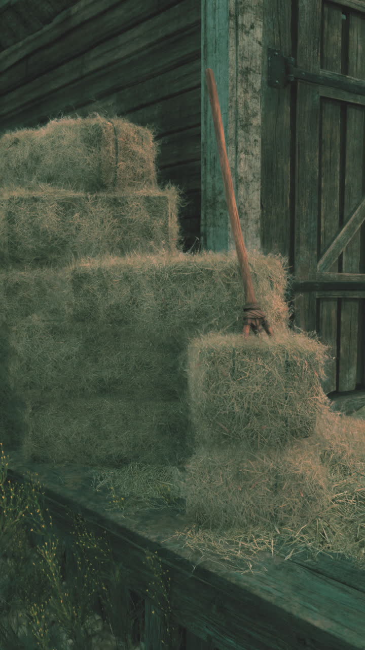 balas de heno apiladas contra una puerta de granero de madera