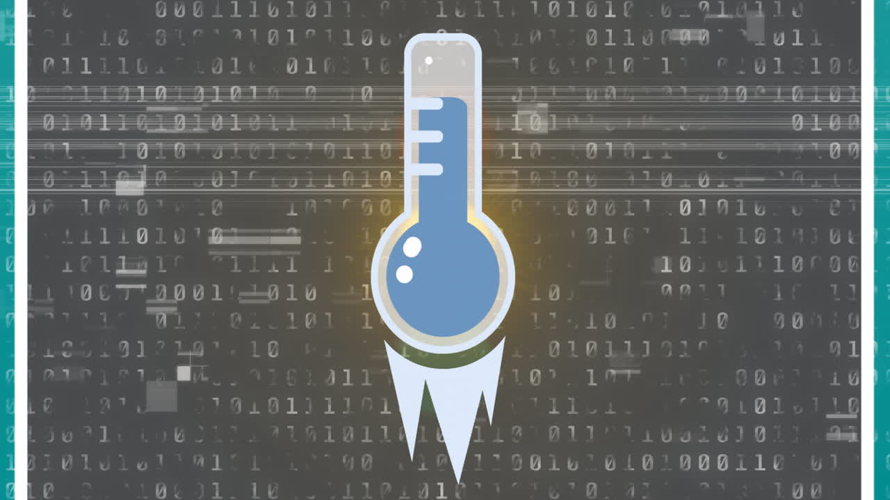 Animation of thermometer icon with binary code background, symbolizing data analysis