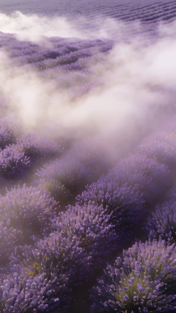 Drone che sorvola un campo agricolo, nebbia che si sposta tra file viola rivelando un motivo a creste