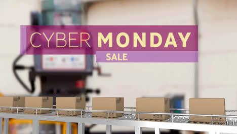 Animation-of-cyber-monday-text-over-cardboard-boxes-on-conveyor-belt-in-warehouse