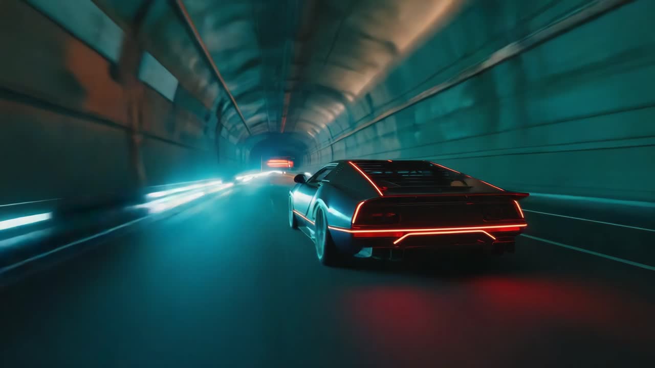 Futuristic Cyberpunk Car Speeding Through a Neon-Lit Tunnel