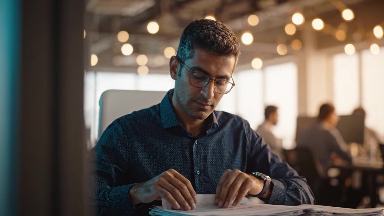 Focused Professional Analyzing Documents in Modern Office Environment with Soft Lighting and Colleagues Working in Background Creates a Productive Atmosphere