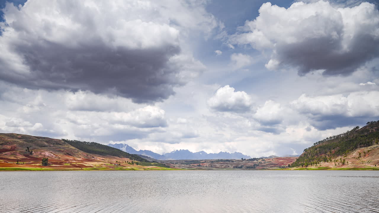 Timelapse of Peru landscape at a lake near Cusco in the Andes Mountains Range. Time lapse of clouds moving in typical Peruvian scenery in South America