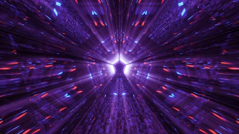 purple blue lights bursting and disappearing from a pentagon shape at the end of an infinite tunnel