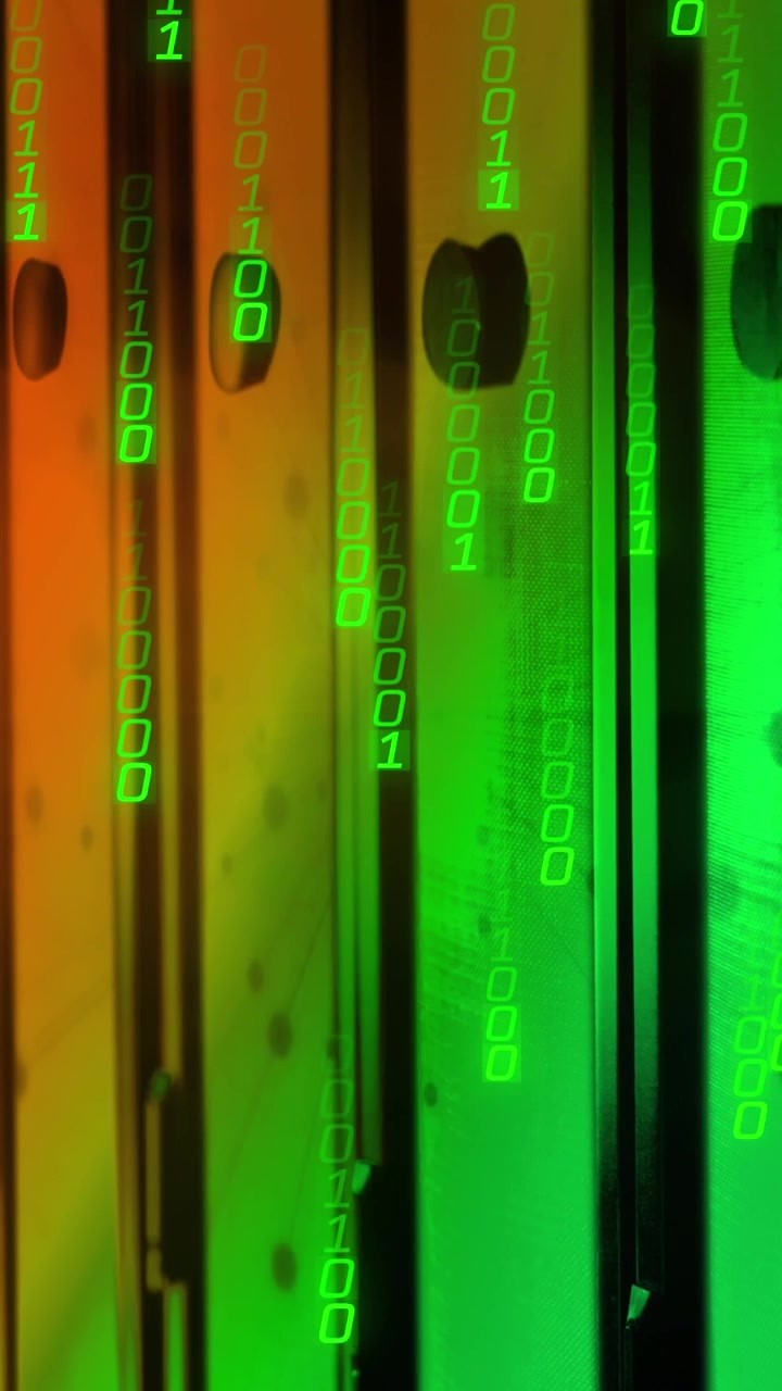 Animation of binary coding data processing against computer server room